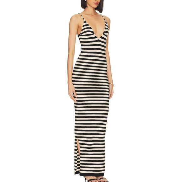 Revolve Knit Maxi Dress Black White Stripe MEDIUM Bodycon More to Come $60 NEW - Picture 2 of 9